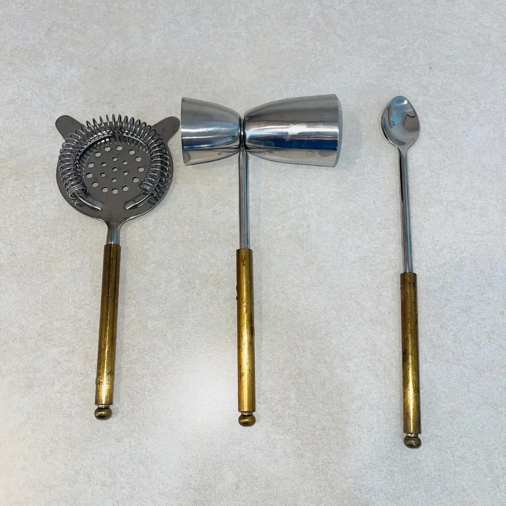 VTG Style Stainless Steel/Gold Brass Handle Bartender Bar Tool Set Jigger